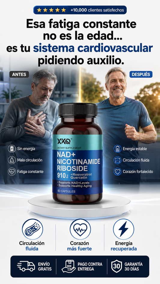 XKQ Suplemento NAD+ de 910 mg, 60 porciones, toma 2 al día | Ribosida de nicotinamida para un envejecimiento saludable, apoya la energía celular, el cerebro, la salud muscular y cardíaca | Resveratrol