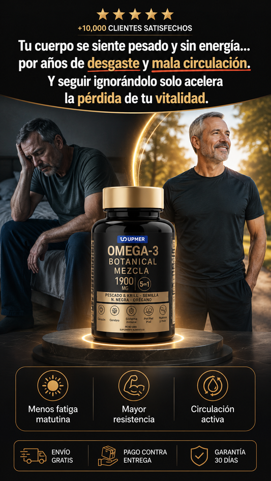 Suplemento de Omega-3 Botanical Mezcla de la marca UPMER, formulado con 1900 mg-apoyar la salud cardiovascular y cerebral, así como mejorar la función articular y la flexibilidad.