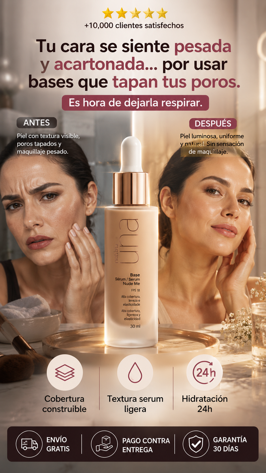 Natura Una Base Serum Nude Me-con cobertura construible de ligera a alta- con ácido hialurónico y otros ingredientes que hidratan la piel profundamente-protección contra la luz azul y FPS 18