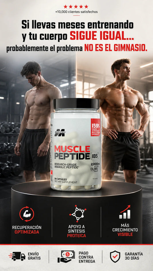 Suplemento es MuscleTech Peptide DL-185, diseñado para apoyar la síntesis de proteínas y la recuperación muscular
