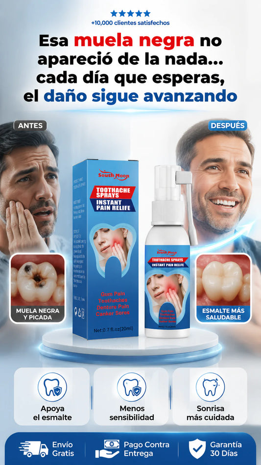 Spray bucal de alivio instantáneo del dolor marca South Moon que busca aliviar molestias en dientes y encías