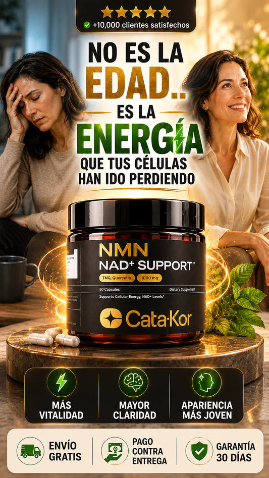 Suplemento dietético de la marca Cata-Kor que contiene NMN, NAD+, quercetina y TMG