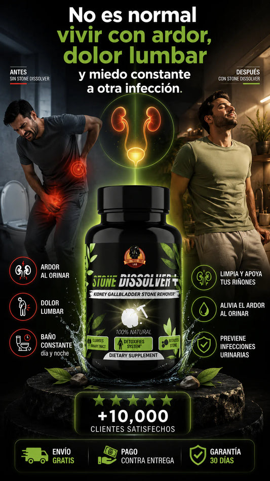 Suplemento dietético de la marca "Yoga Man Lab" llamado Stone Dissolver+ diseñado para eliminar cálculos renales