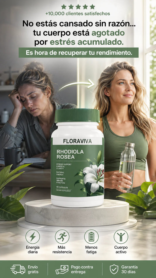 Floraviva Rhodiola Rosea Cápsulas de 500 mg - Suplemento Adaptógeno natural para apoyo al estrés, enfoque mental y energía, sin OGM