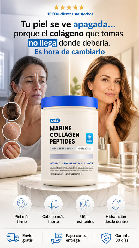Péptidos de Colágeno Marino - Polvo de Colágeno Ultrafino Hidrolizado para Mujeres y Hombres, Ácido Hialurónico, Biotina, Vitamina C, para Piel, Cabello, Uñas, Articulaciones, Sin OGM, Sin