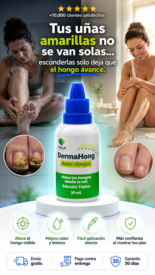DermaHong, diseñado para combatir infecciones por hongos en las uñas, la piel y el cuero cabelludo, eliminar hongos, mejora el color y la textura de las uñas amarillentas o manchadas, y reduce síntomas como picazón, ardor y mal olor.