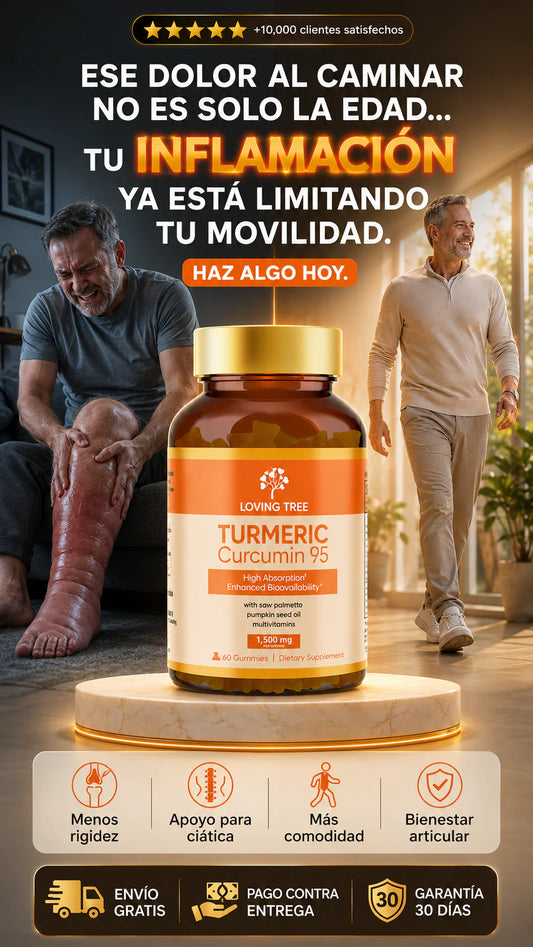 Suplemento dietético de gomitas de cúrcuma de la marca Loving Tree diseñado para apoyar la salud articular y la movilidad- Contiene 95% de curcuminoides. El frasco contiene 60 gomitas