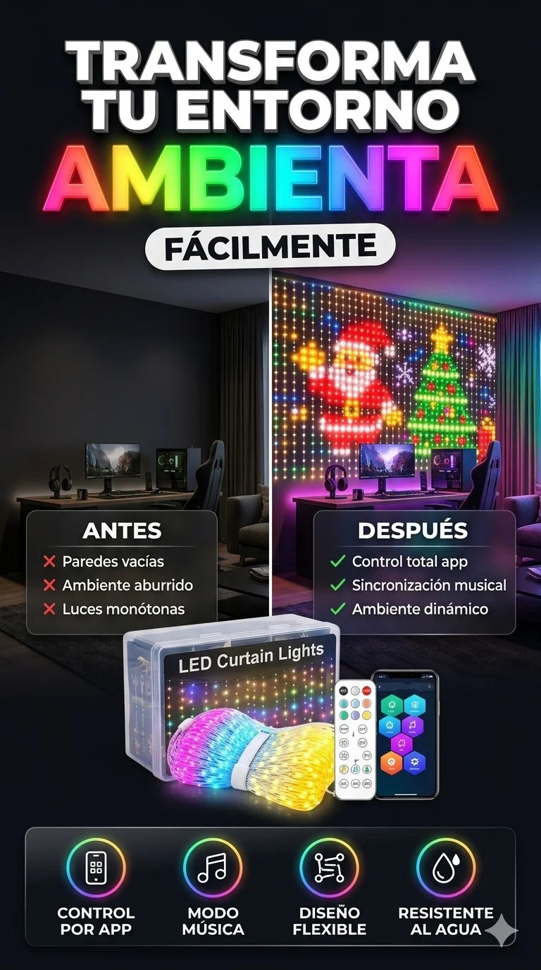 Cortina de Luces LED Inteligentes RGB Impermeables — Personaliza y ambienta tus espacios fácilmente