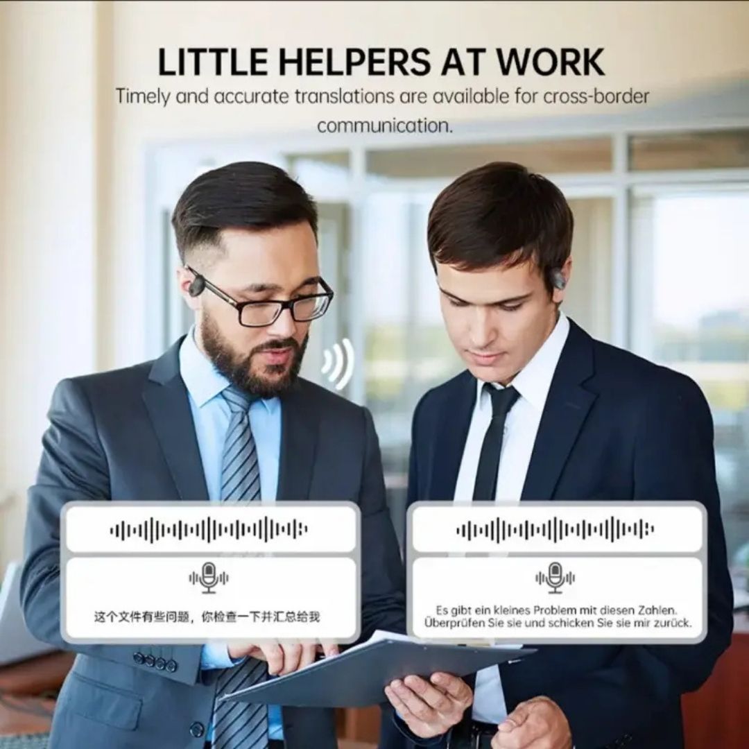 Auriculares traductores inteligentes: traducen más de 100 idiomas en tiempo real, ideales para viajes, negocios y reuniones. Incluyen asistente de voz e intercomunicador.