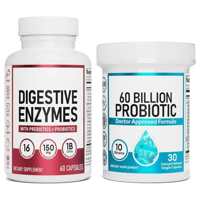 Paquete óptimo de salud intestinal: 60 mil millones de probióticos + enzimas digestivas para comodidad digestiva y apoyo inmunológico