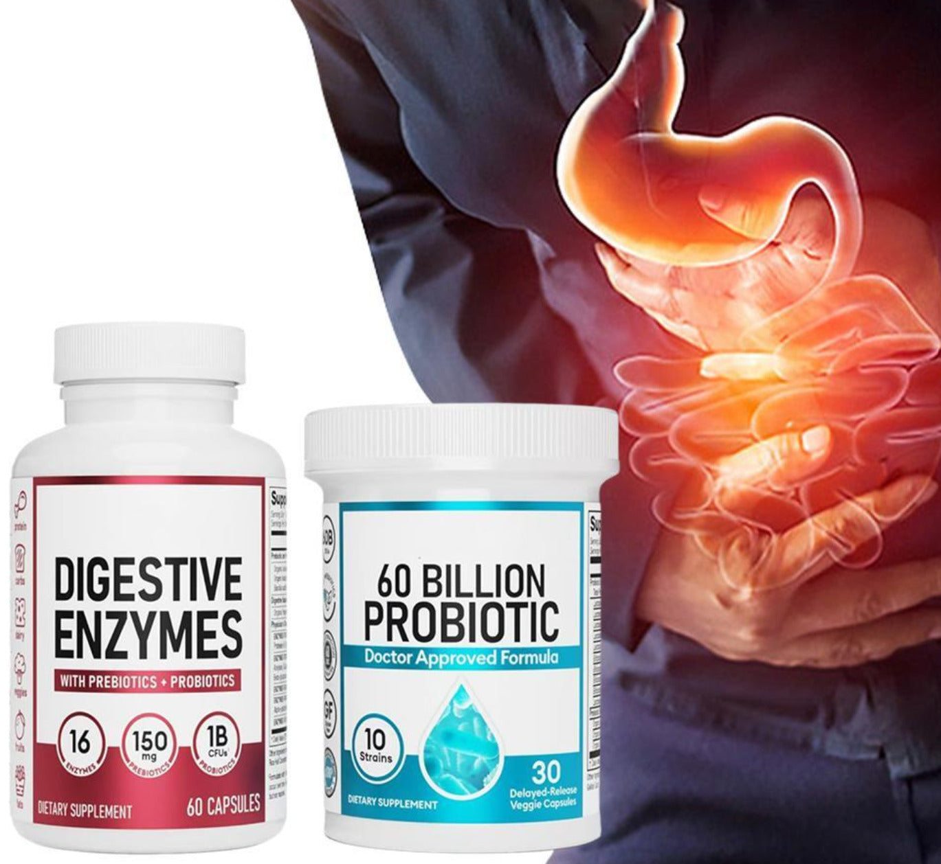 Paquete óptimo de salud intestinal: 60 mil millones de probióticos + enzimas digestivas para comodidad digestiva y apoyo inmunológico