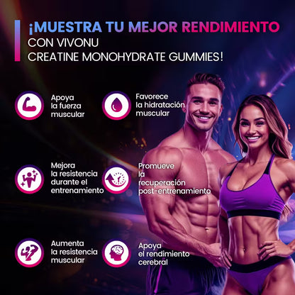 VIVONU Creatina en Gomitas 5000 Mg de Creatina Monohidrata por Porción | Sabor Mestizo de Frutas | Suplemento de Creatina Monohidratada Sin Azúcar (Apto para Hombres y Mujeres) | Suplemento Pre-Entreno Libre de Gluten.