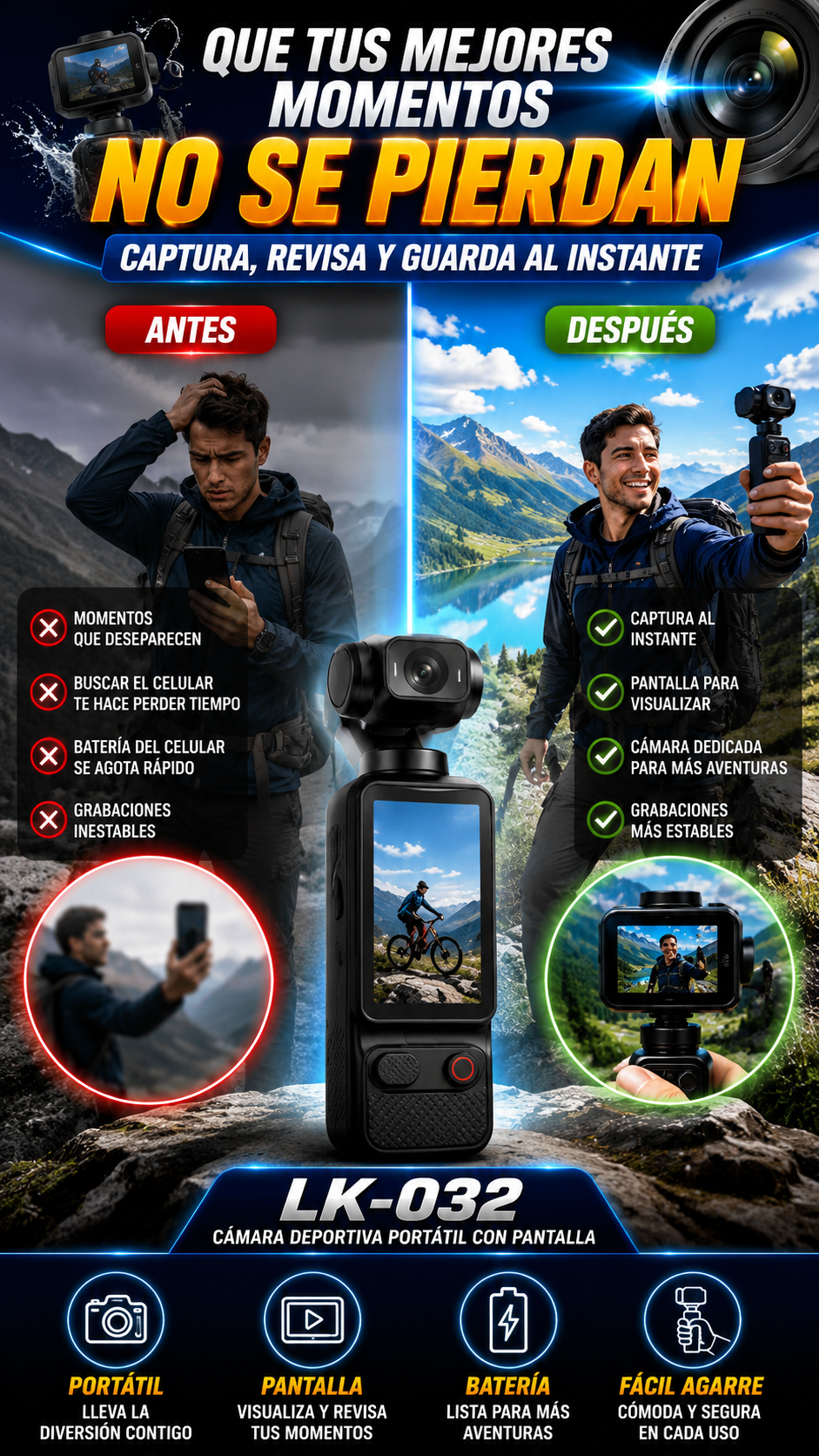 Cámara Deportiva Portátil LK-032 con Pantalla — Guarda tus momentos sin depender del celular