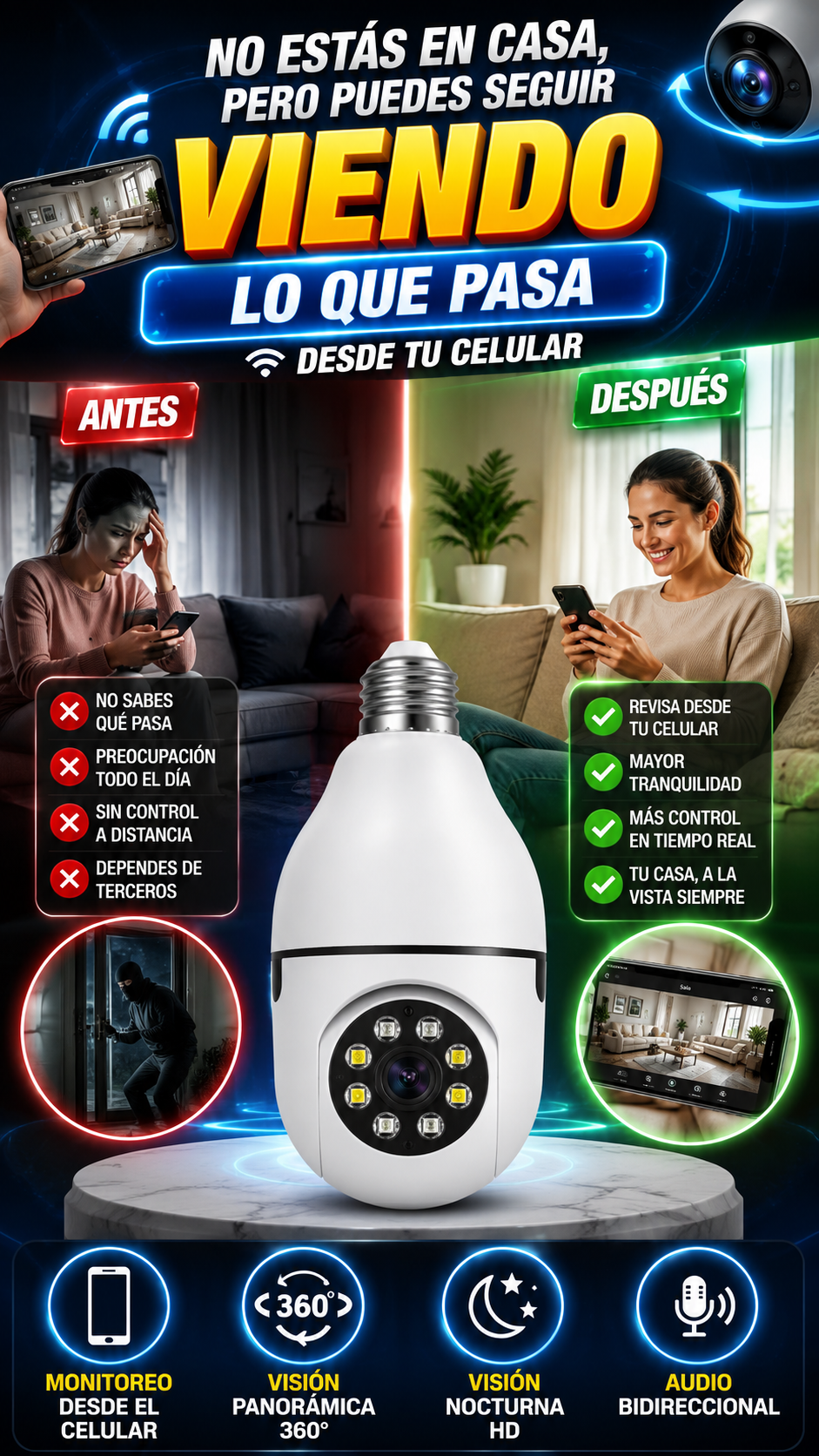 Cámara de Vigilancia WiFi Tipo Foco 360° — Monitorea tu hogar desde el celular