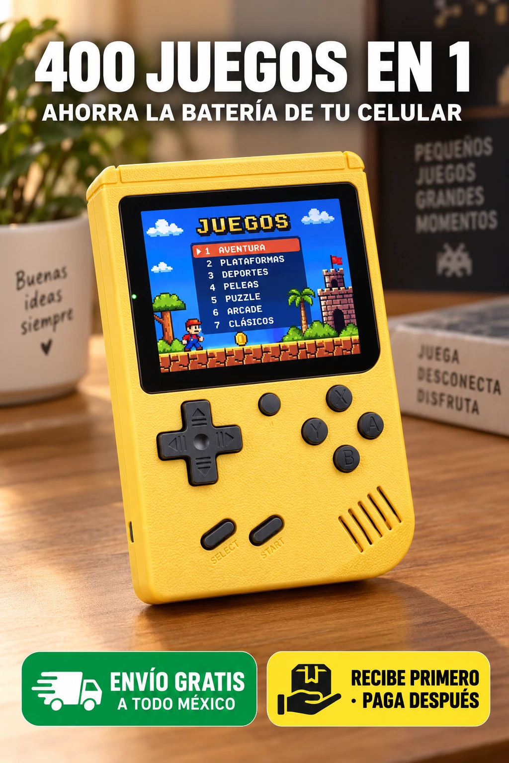 Consola retro amarilla 400 juegos en 1