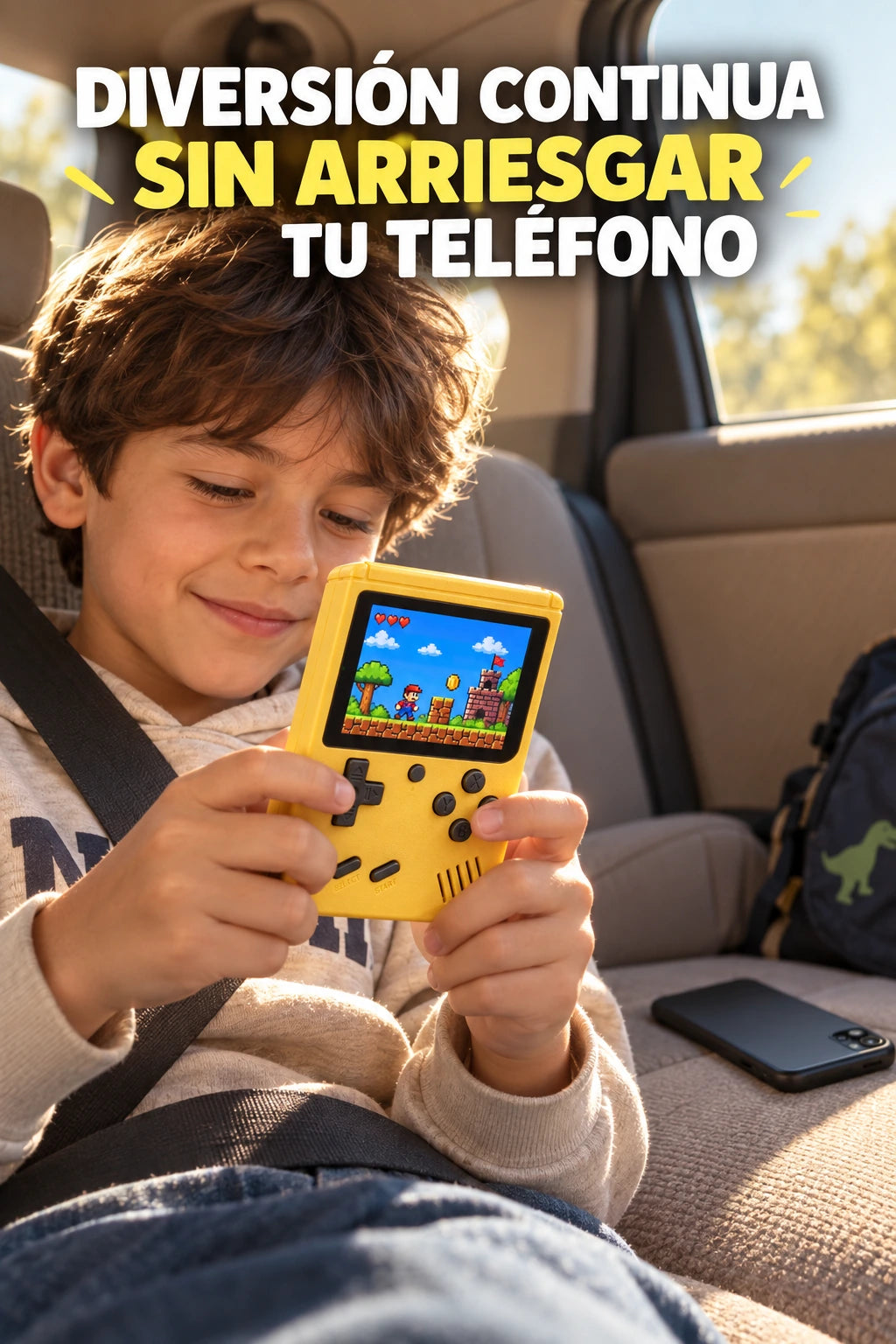 Consola retro amarilla diversión sin arriesgar el teléfono