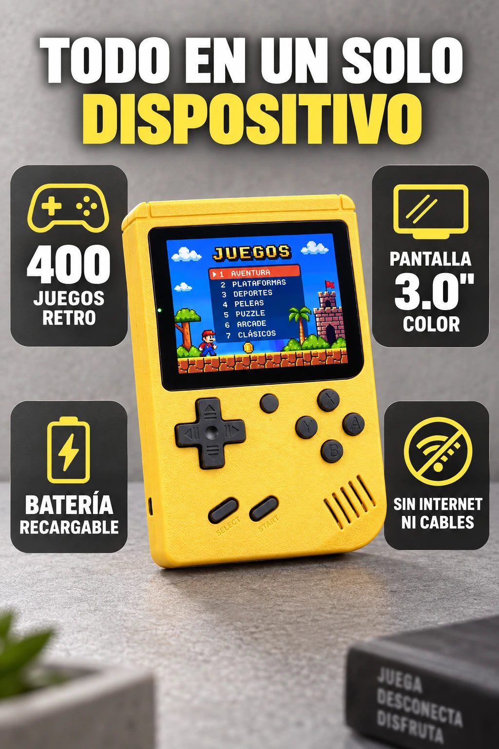 Consola retro amarilla todo en un dispositivo