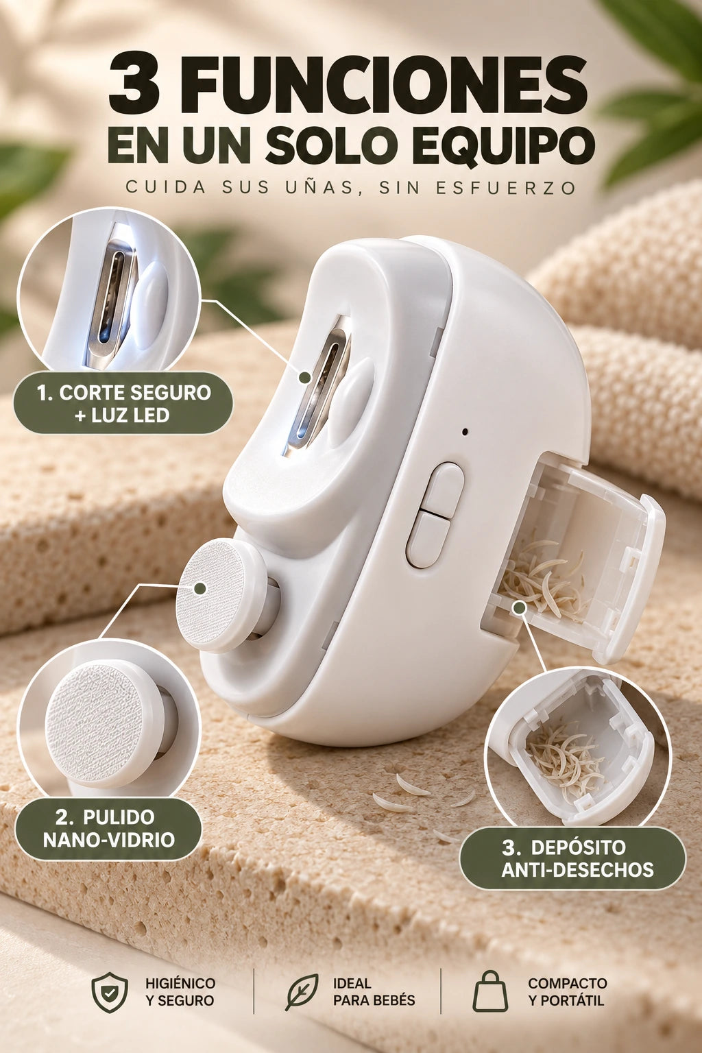 Cortaúñas eléctrico con 3 funciones