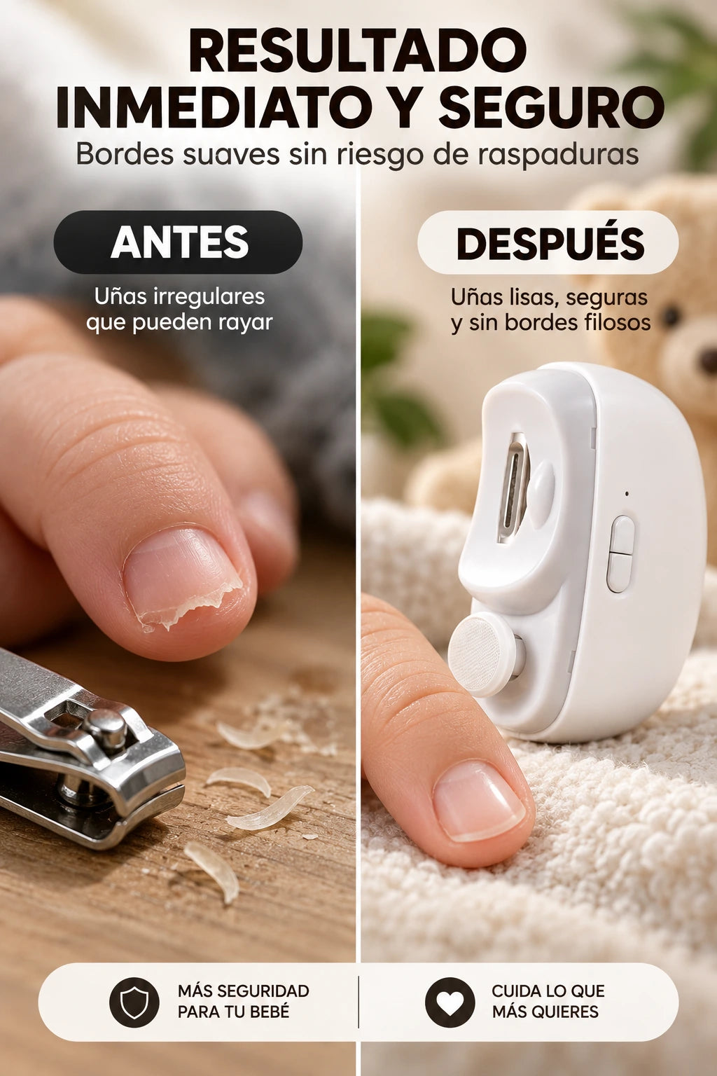 Resultado antes y después del cortaúñas eléctrico