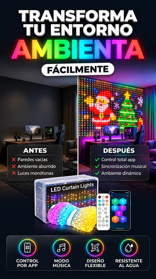Cortina de Luces LED Inteligentes RGB Impermeables — Personaliza y ambienta tus espacios fácilmente