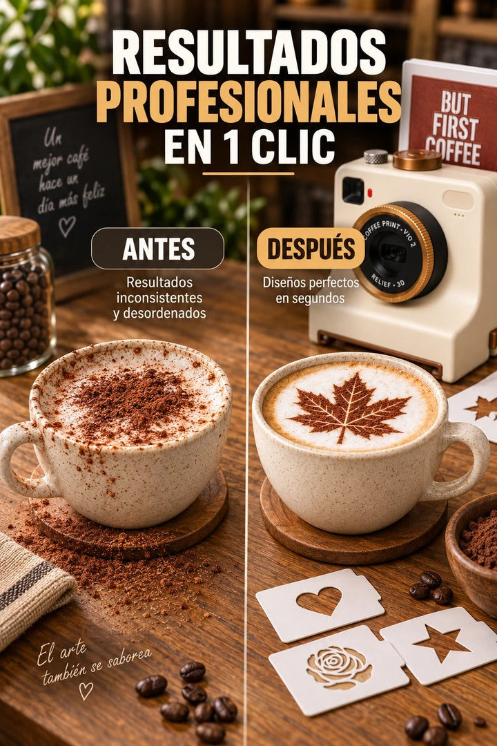 Decorador de café mecánico blanco - antes y después