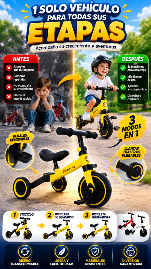 Triciclo Infantil Transformable 3 en 1 — Acompaña varias etapas de aprendizaje