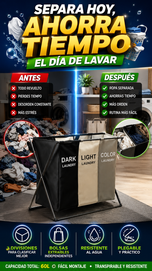 Cesto Plegable para Ropa con 3 Divisiones — Separa la ropa desde el inicio