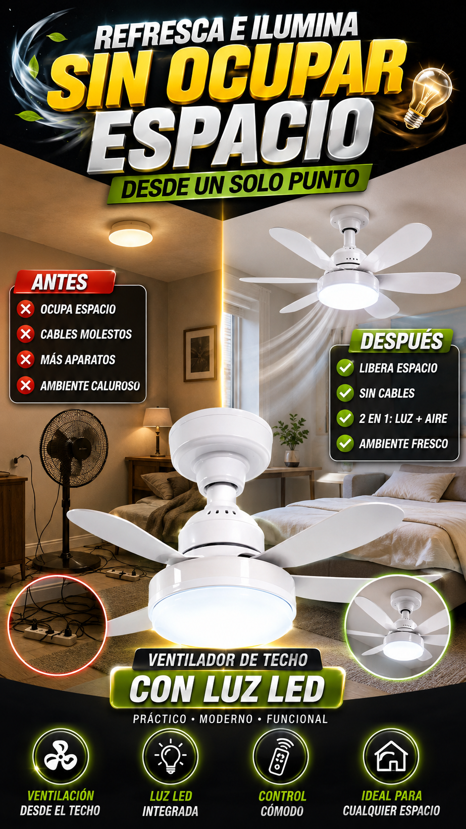 Ventilador de Techo con Luz LED — Refresca e ilumina sin ocupar espacio