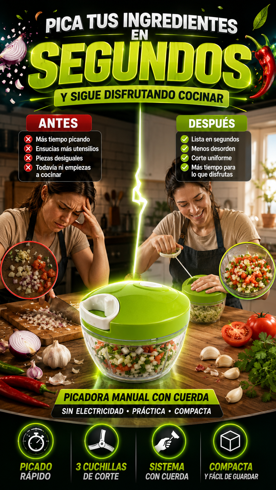 Picadora Manual de Alimentos con Cuerda — Pica ingredientes rápido y fácil PRE-ATENCIÓN