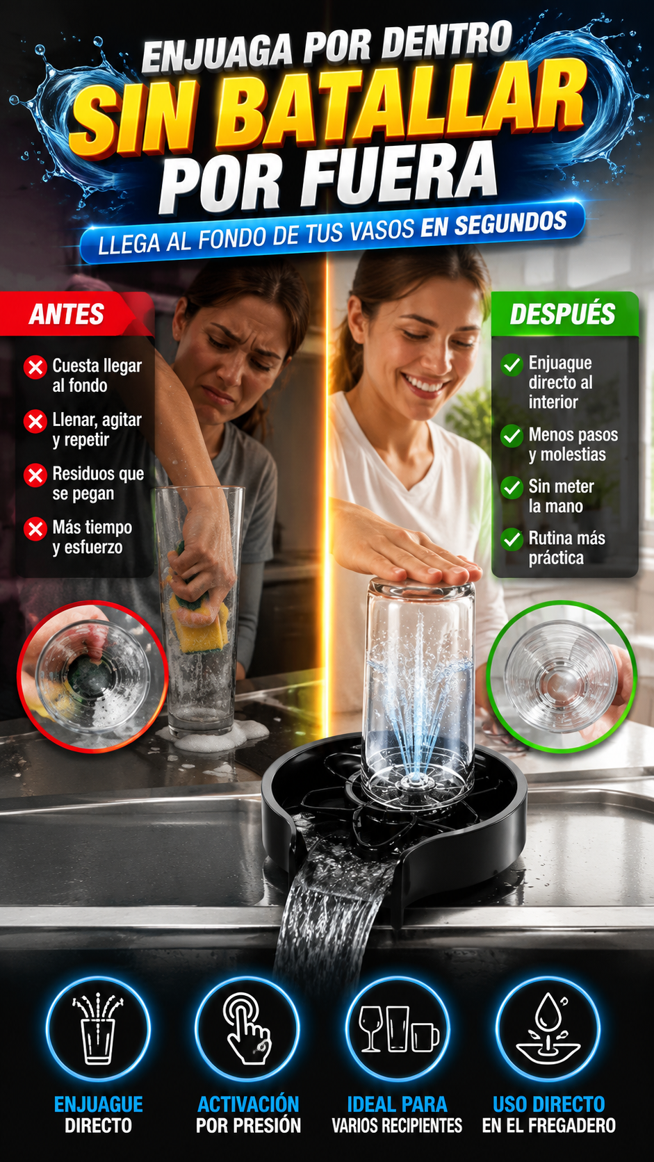 Enjuagador a Presión para Vasos y Copas — Enjuaga el interior sin batallar