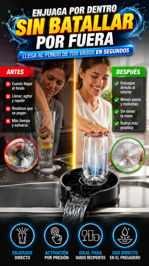 Enjuagador a Presión para Vasos y Copas — Enjuaga el interior sin batallar