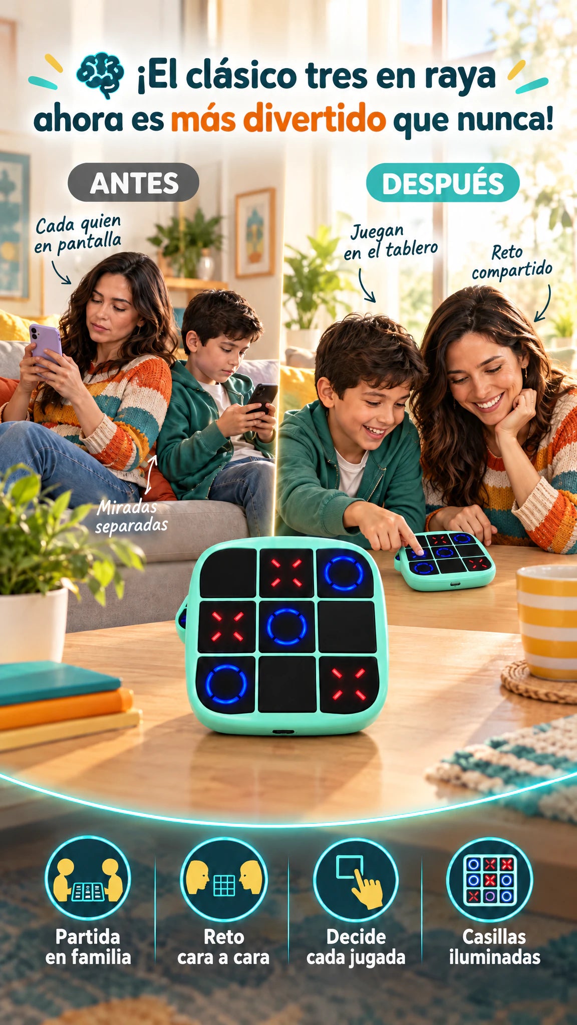 Juego electrónico de tres en raya con casillas luminosas — Reta a tu familia con partidas luminosas lejos del celular