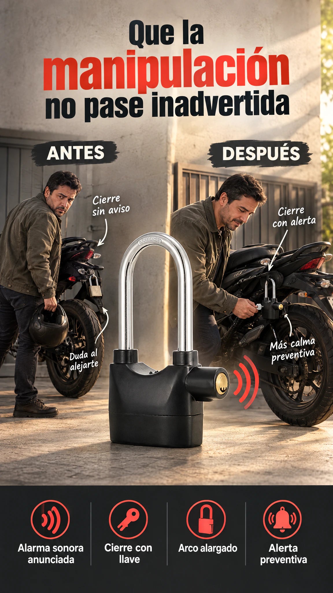 Candado con alarma y arco largo — Añade una alerta sonora al cierre de tus pertenencias