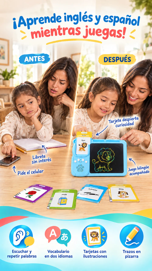 Lector bilingüe español-inglés para niños — 112 cartas, 224 palabras y pizarra con lápiz para escuchar, repetir y escribir jugando