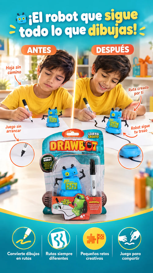 DRAWBOT – Robot azul sigue líneas — Convierte cada dibujo en un recorrido para jugar