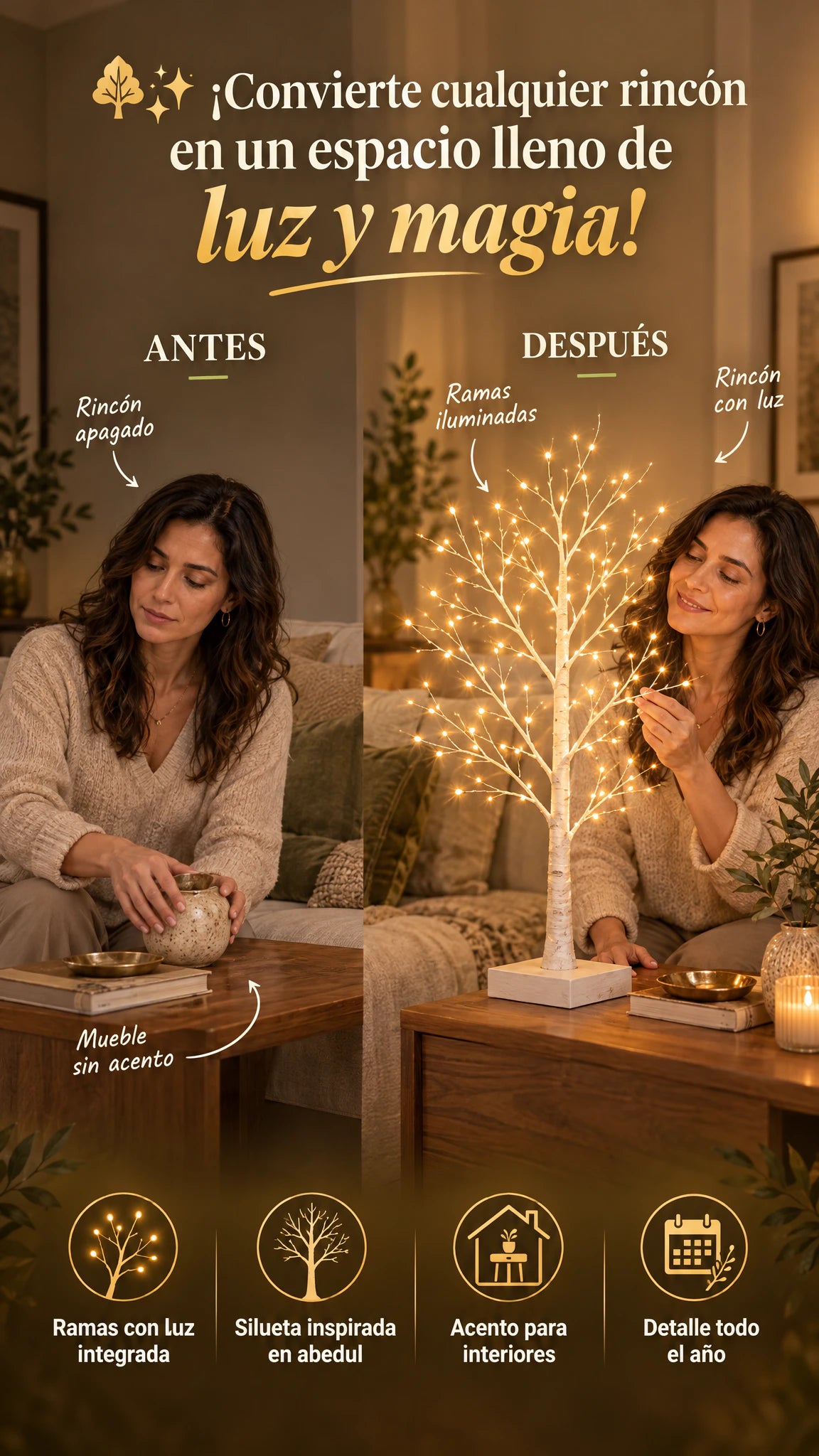 Árbol Decorativo de Abedul con Luces LED – Ilumina tus Espacios con Elegancia.
