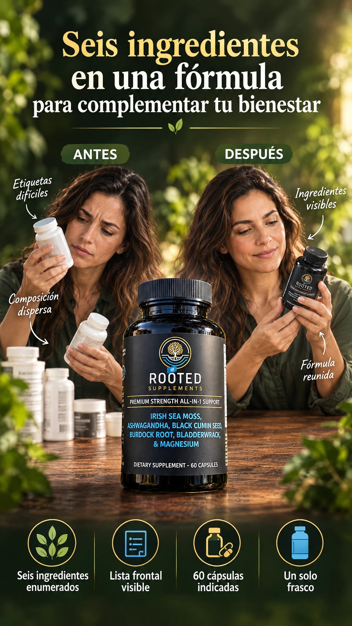 ROOTED Supplements 6 en 1, 60 cápsulas — Seis ingredientes para complementar tu rutina de bienestar