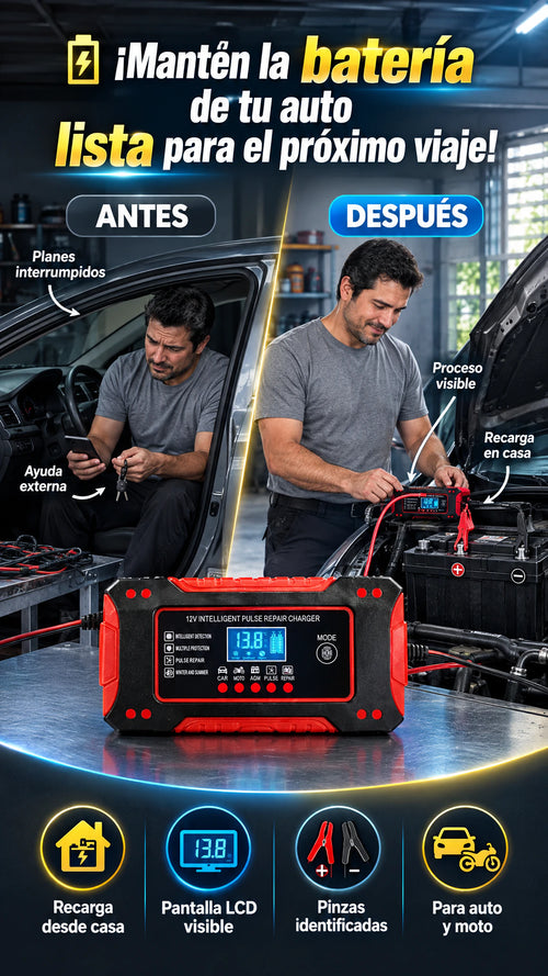 Cargador Inteligente de Baterías 12V 6A — Recarga baterías compatibles de auto o moto desde casa