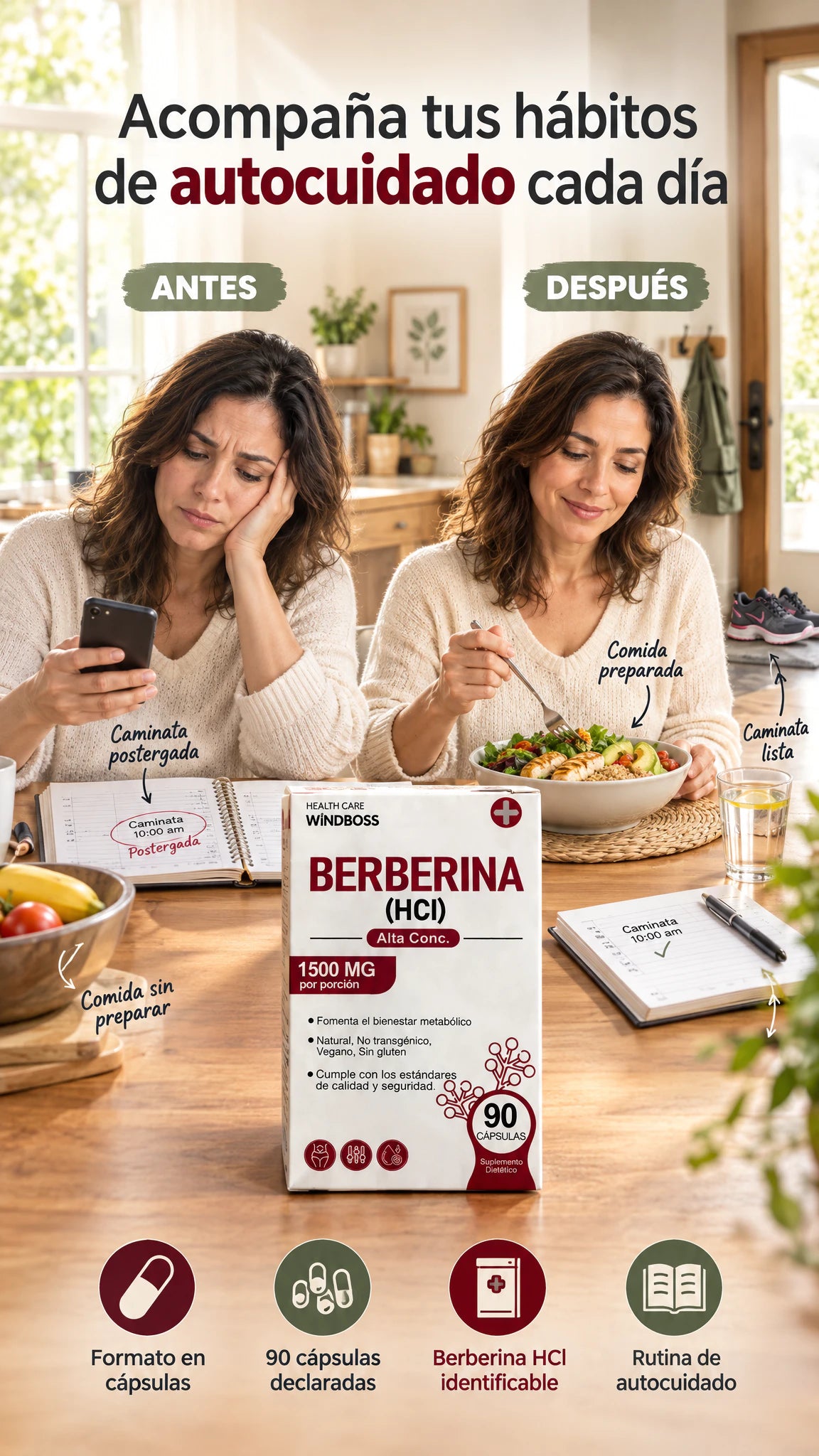 Suplemento de berberina HCl WINDBOSS — Acompaña tus hábitos cotidianos de autocuidado con una rutina más organizada.