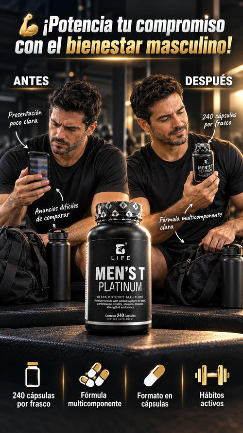LIFE MEN'S T PLATINUM, suplemento masculino de 240 cápsulas — Integra un formato multicomponente a tu rutina de autocuidado.
