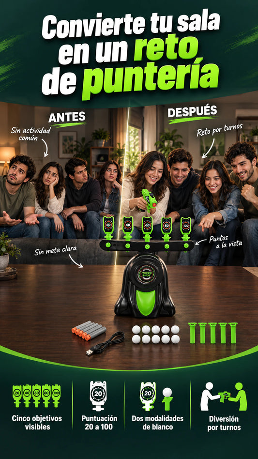 Juego de puntería Dark Shot con blancos flotantes y abatibles — Convierte la sala en un reto por puntos y turnos