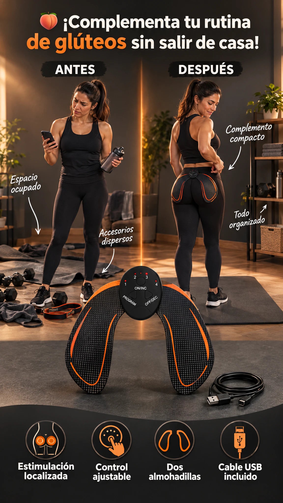 Entrenador de glúteos con control ajustable — Complementa tu rutina localizada cómodamente desde casa