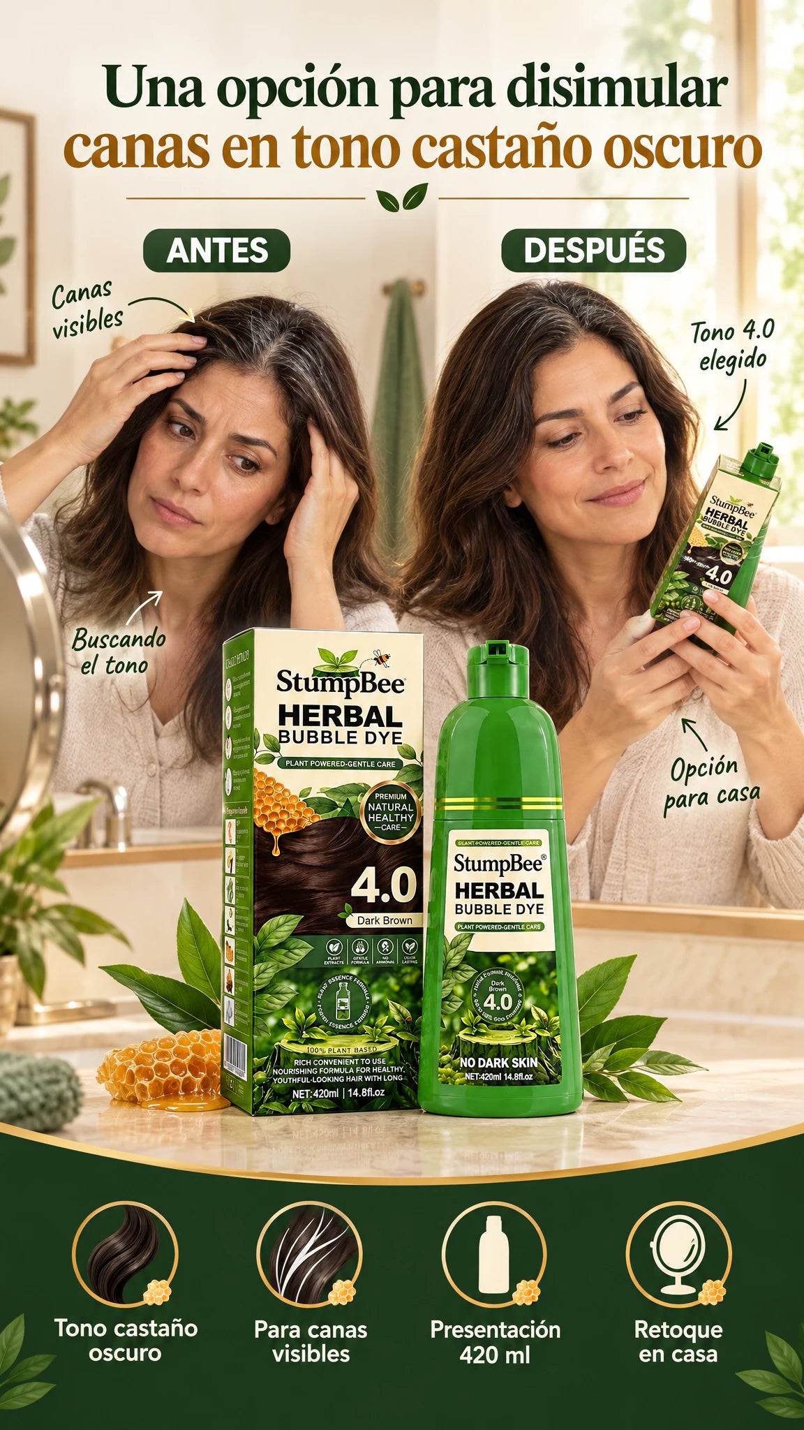Tinte capilar StumpBee Herbal Bubble Dye 4.0 castaño oscuro — Disimula canas visibles para una apariencia de color más uniforme