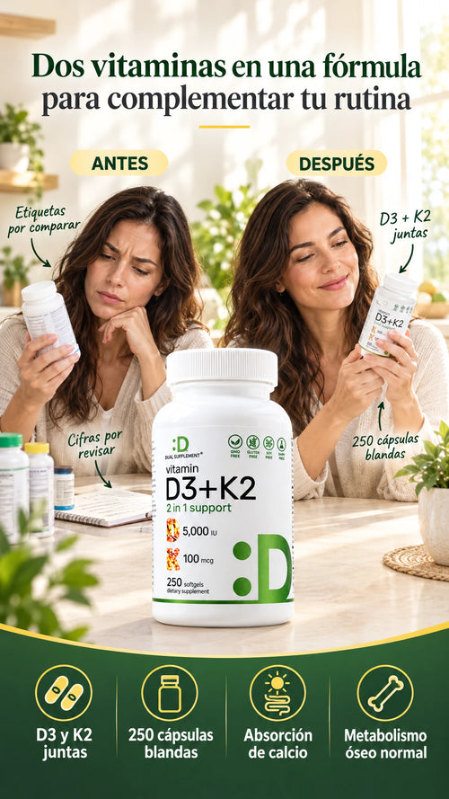 Vitamina D3 + K2 DUAL SUPPLEMENT — Dos vitaminas en una fórmula para complementar tu rutina diaria.