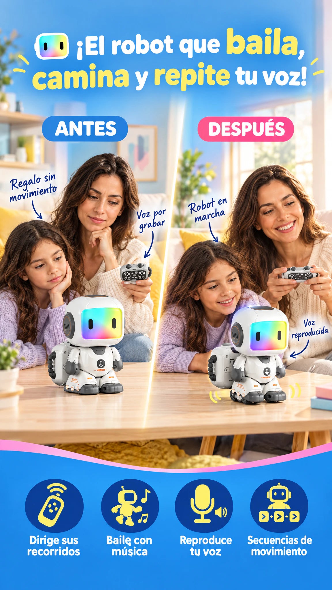 Robot RC con mochila, grabación de voz y luz nocturna — Camina, baila y convierte cada mensaje en una nueva forma de jugar.