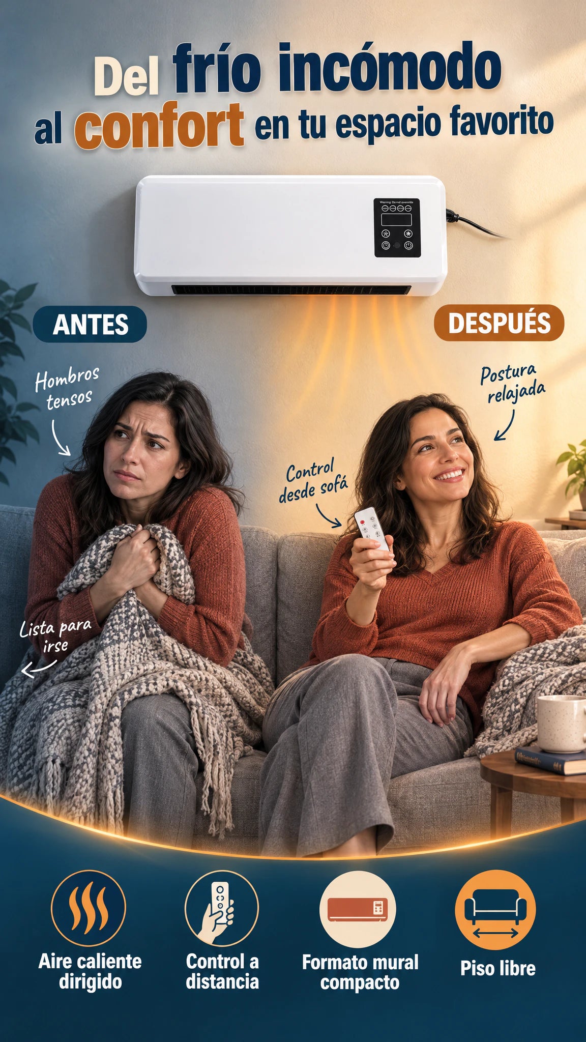 Calefactor mural compacto con control remoto — Lleva aire caliente dirigido a tu rincón favorito