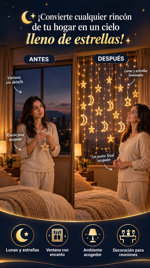 Cortina de luces LED con lunas y estrellas — Convierte cualquier rincón en un cielo acogedor