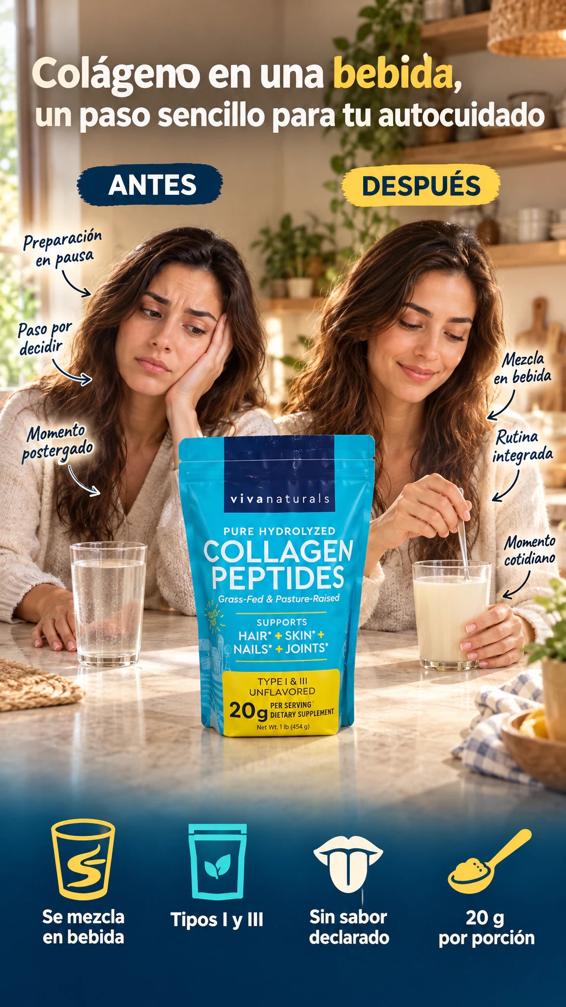 Viva Naturals Péptidos de colágeno hidrolizado tipos I y III, sin sabor, 454 g — complementa tu rutina de autocuidado con una mezcla sencilla