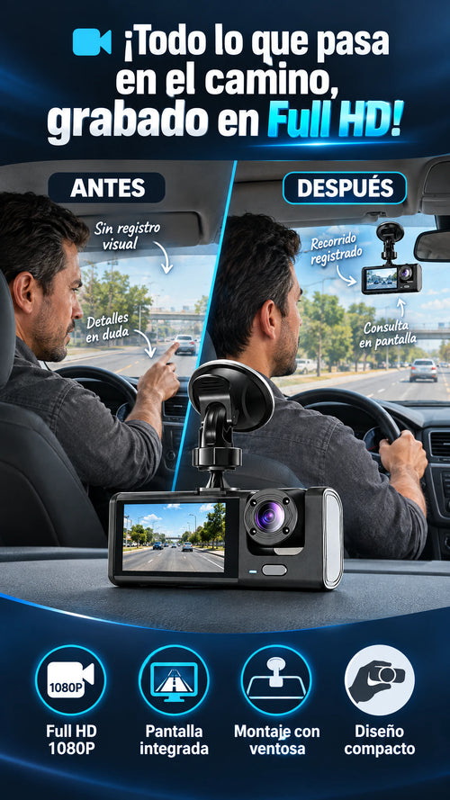 Dash Cam Full HD 1080P con pantalla — Registra tus recorridos y revisa cada momento del camino