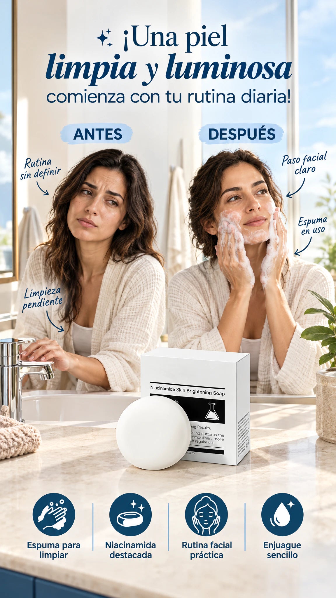 Jabón de Niacinamida — Limpieza facial práctica para una apariencia fresca y luminosa